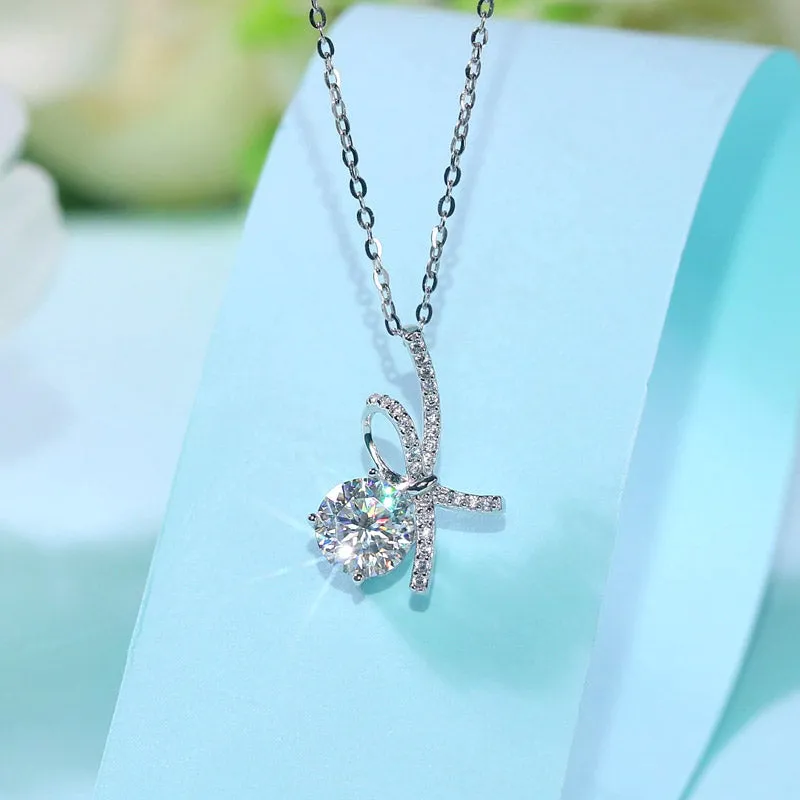 1 Carat Moissanite Diamond Ribbon Pendant Necklace 925 Sterling Silver XMFN8155