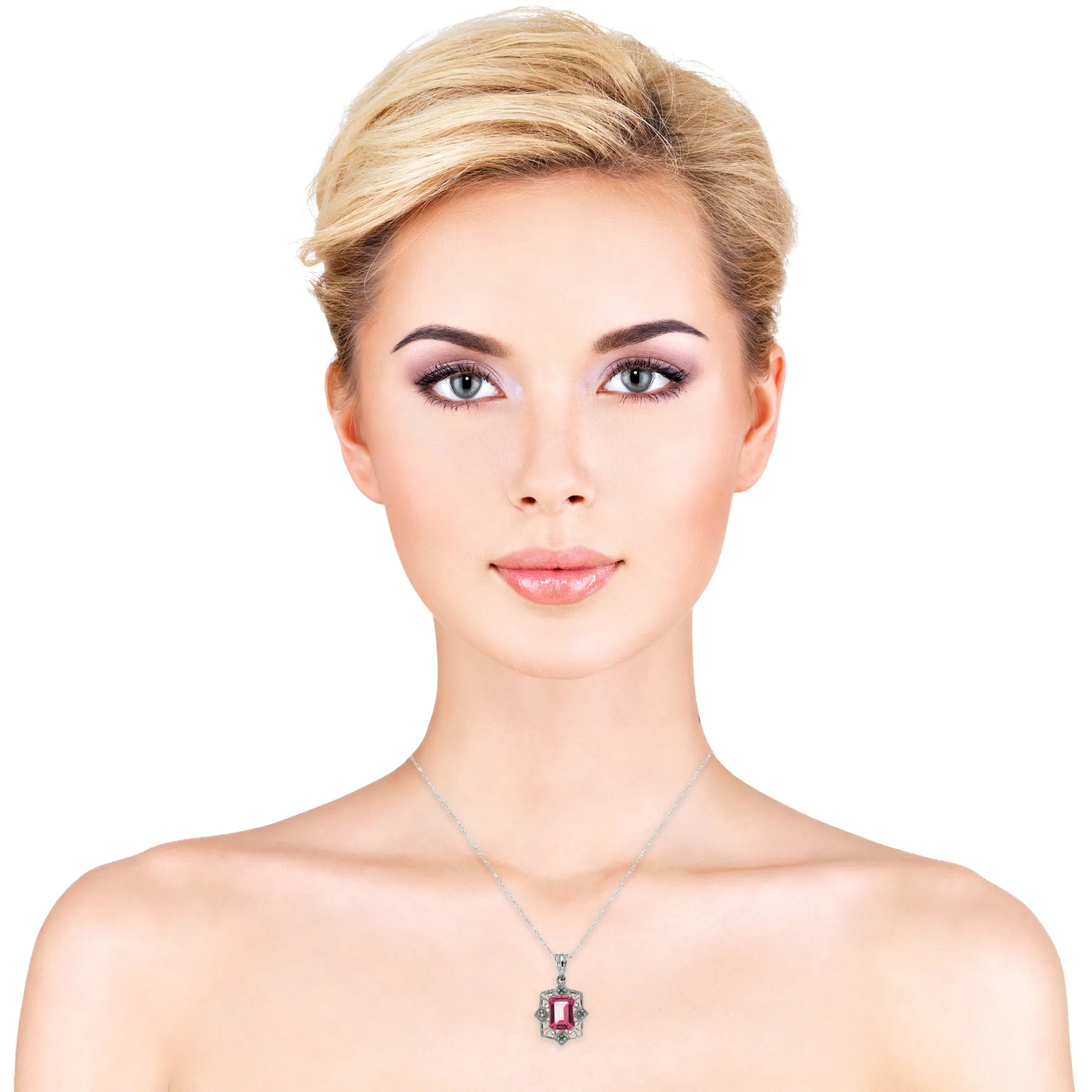 10k White Gold Pink Topaz and Diamond Gemstone Pendant with 18" Chain.