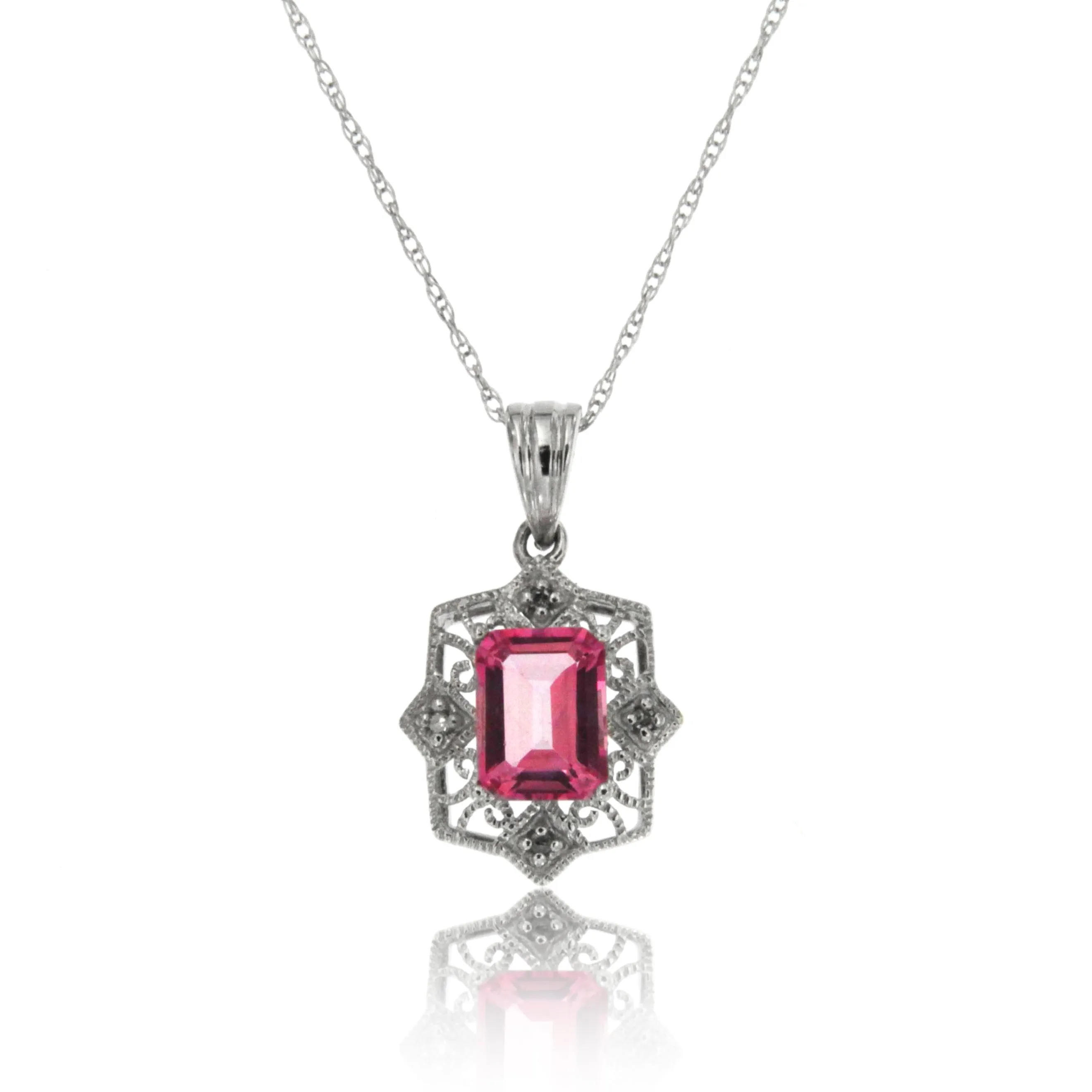 10k White Gold Pink Topaz and Diamond Gemstone Pendant with 18" Chain.