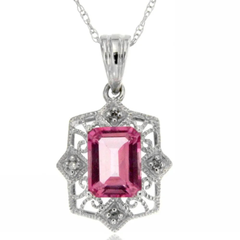 10k White Gold Pink Topaz and Diamond Gemstone Pendant with 18" Chain.