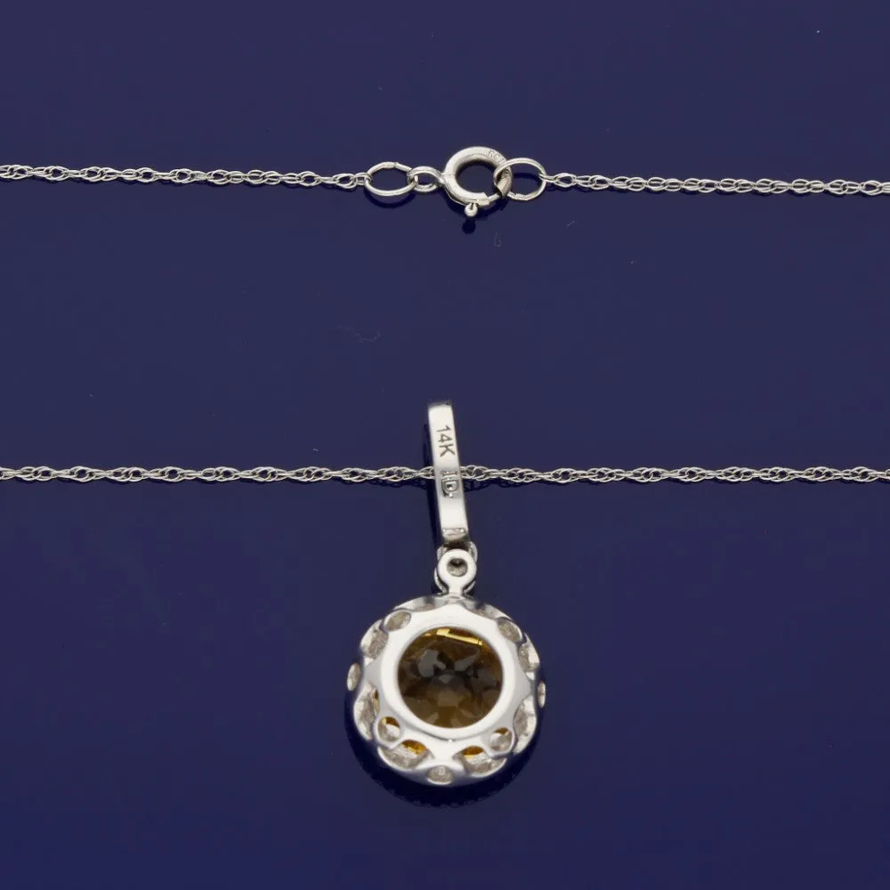 14ct White Gold Citrine and Diamond Halo Pendant Necklace