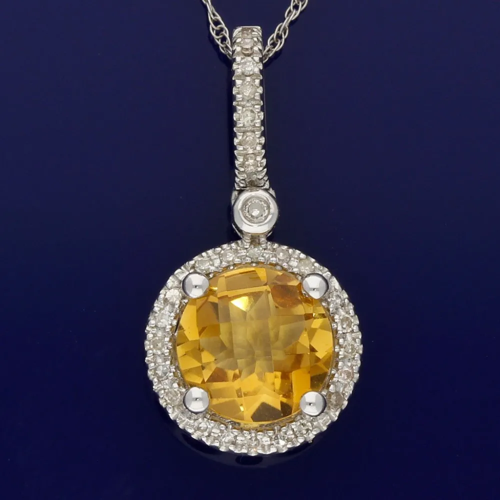 14ct White Gold Citrine and Diamond Halo Pendant Necklace