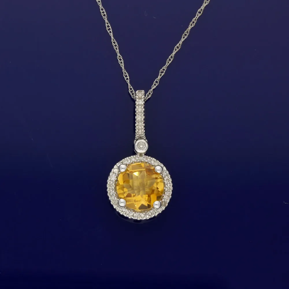 14ct White Gold Citrine and Diamond Halo Pendant Necklace