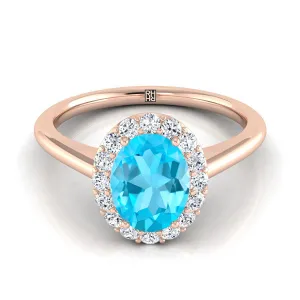 14K Rose Gold Oval Swiss Blue Topaz Shared Prong Diamond Halo Engagement Ring -1/5ctw