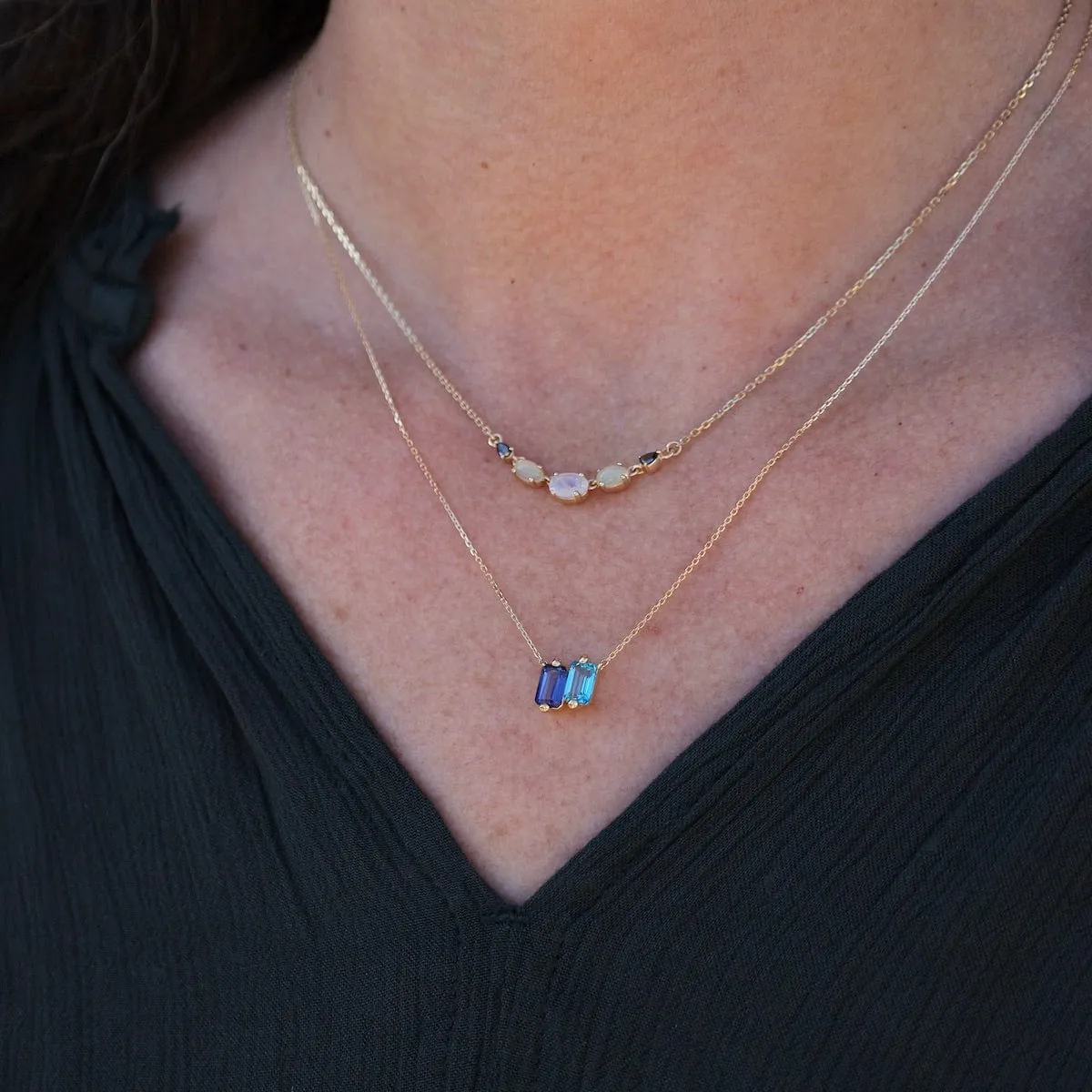 14k Yellow Gold Blue Ombre Baguette Necklace