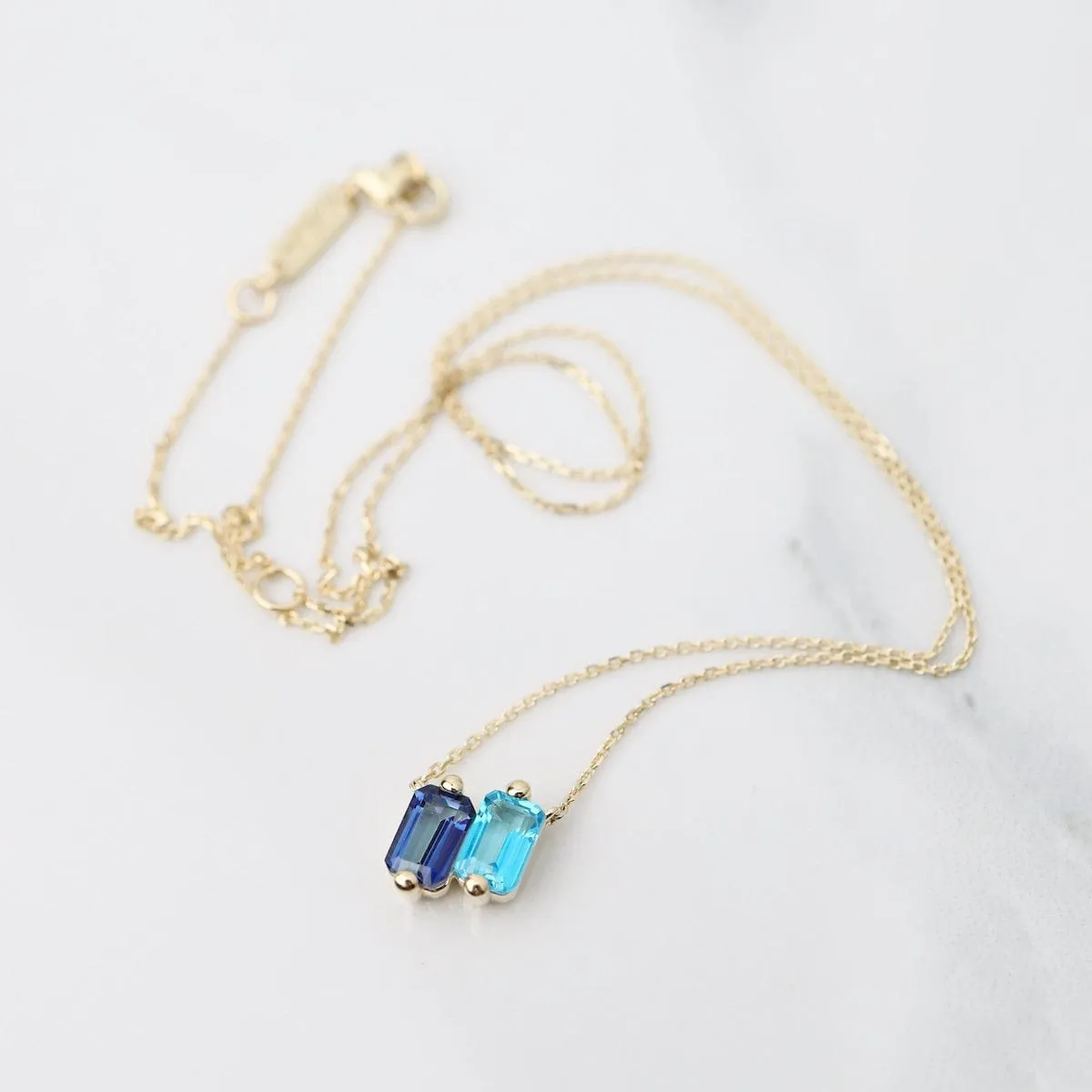 14k Yellow Gold Blue Ombre Baguette Necklace