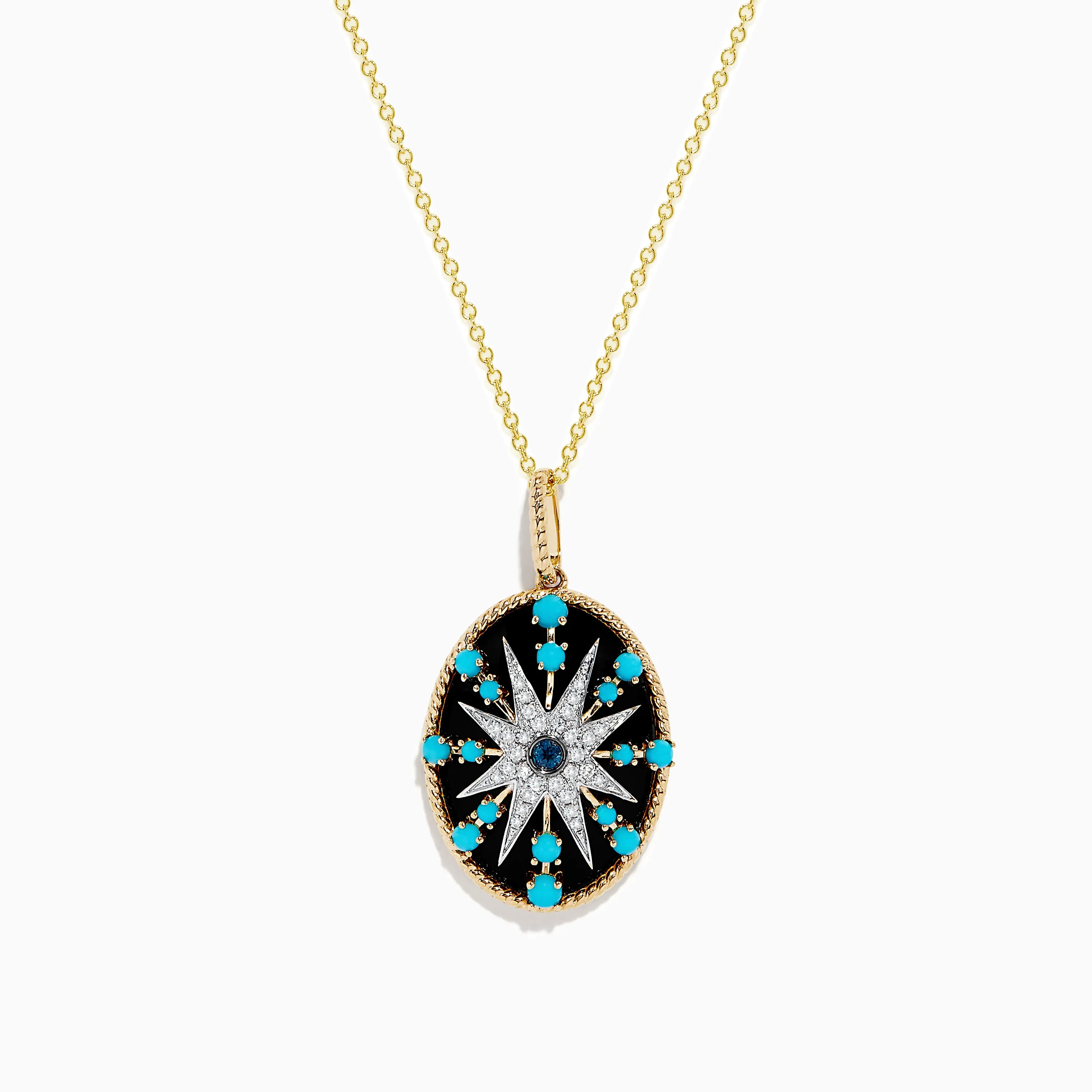 14K Yellow Gold Blue Topaz, Turquoise, Onyx and Diamond Pendant