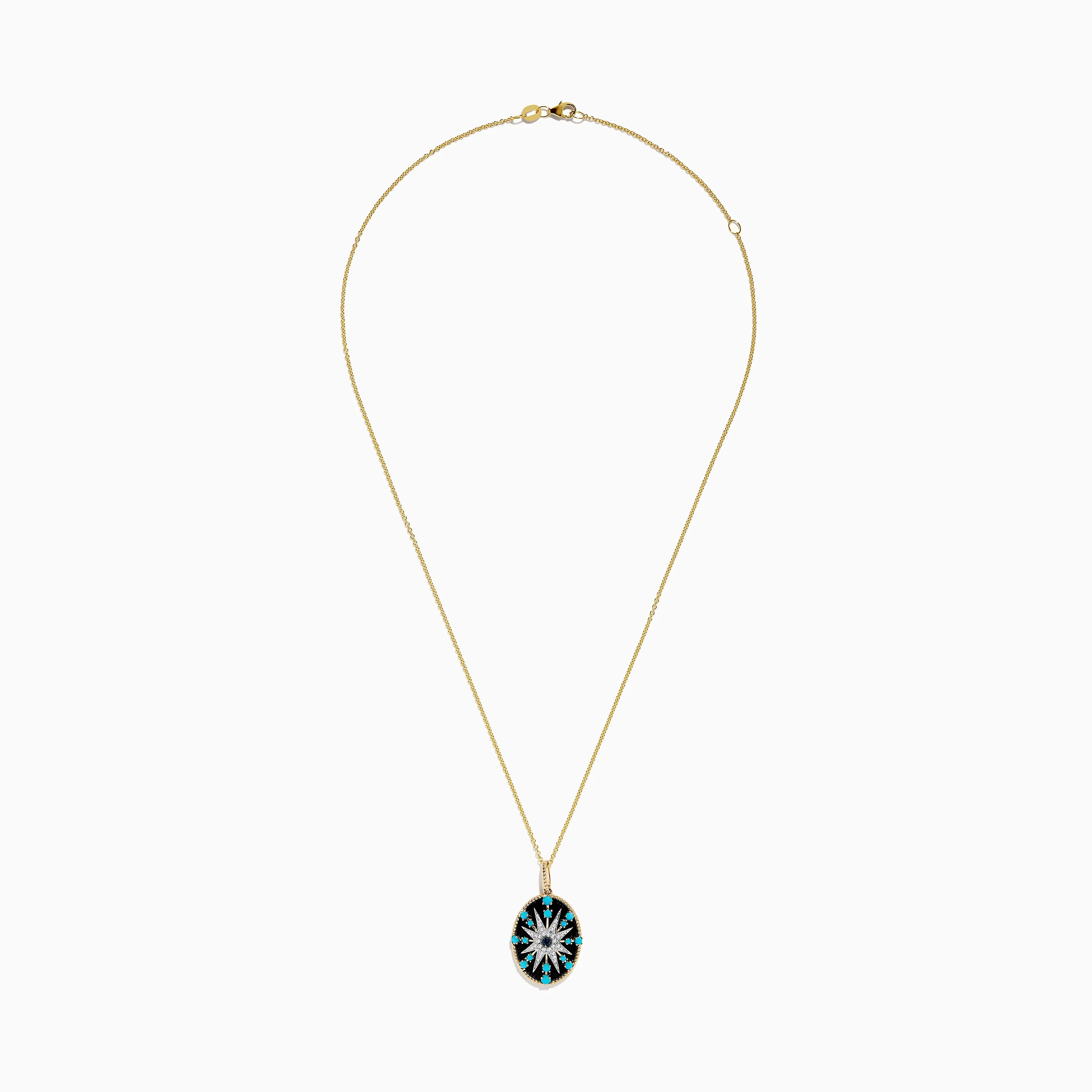 14K Yellow Gold Blue Topaz, Turquoise, Onyx and Diamond Pendant