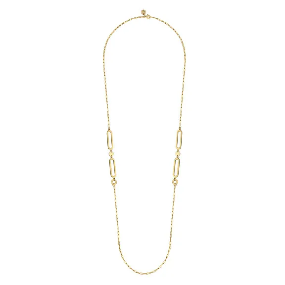 14K Yellow Gold Link Station Necklace With Hollow Paperclip Chain