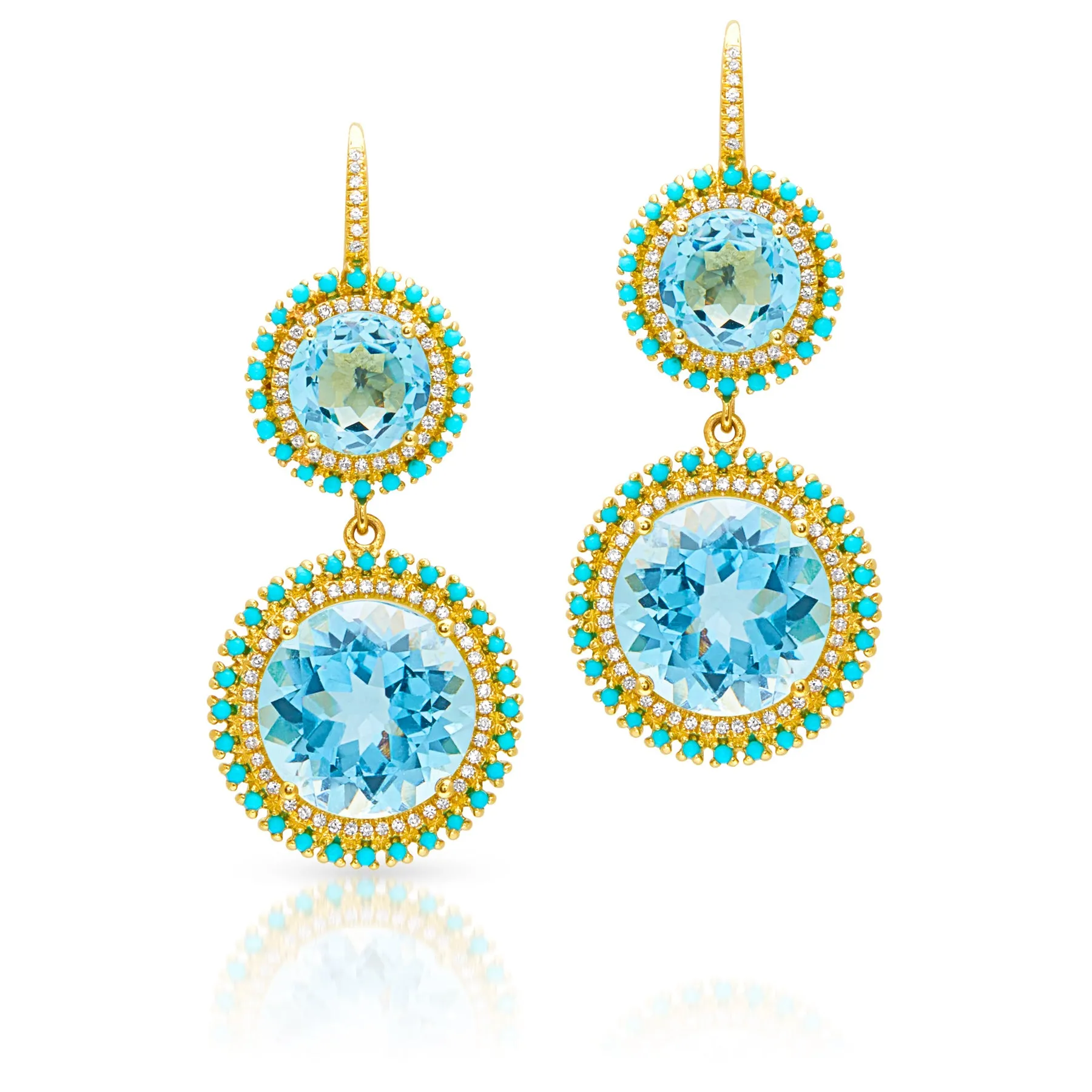 14KT Yellow Gold Blue Topaz Diamond Kai Double Drop Earrings