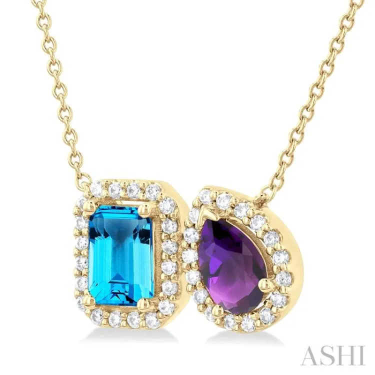 1/5 ctw Toi Et Moi 6X4MM Emerald Cut Blue Topaz and Pear Cut Amethyst & Round Cut Diamond Halo Fashion Pendant With Chain in 14K Yellow Gold