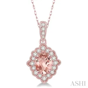 1/6 Ctw Round Cut Diamond and Ethnic Oval Cut 6x4mm Morganite Semi Precious Pendant in 10K Rose Gold with chain