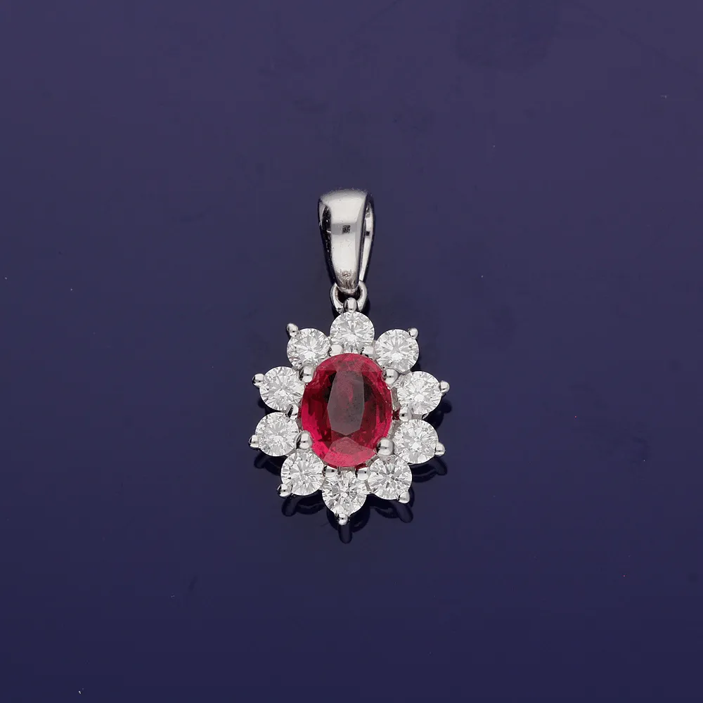 18ct White Gold Oval Ruby & Diamond Cluster Pendant