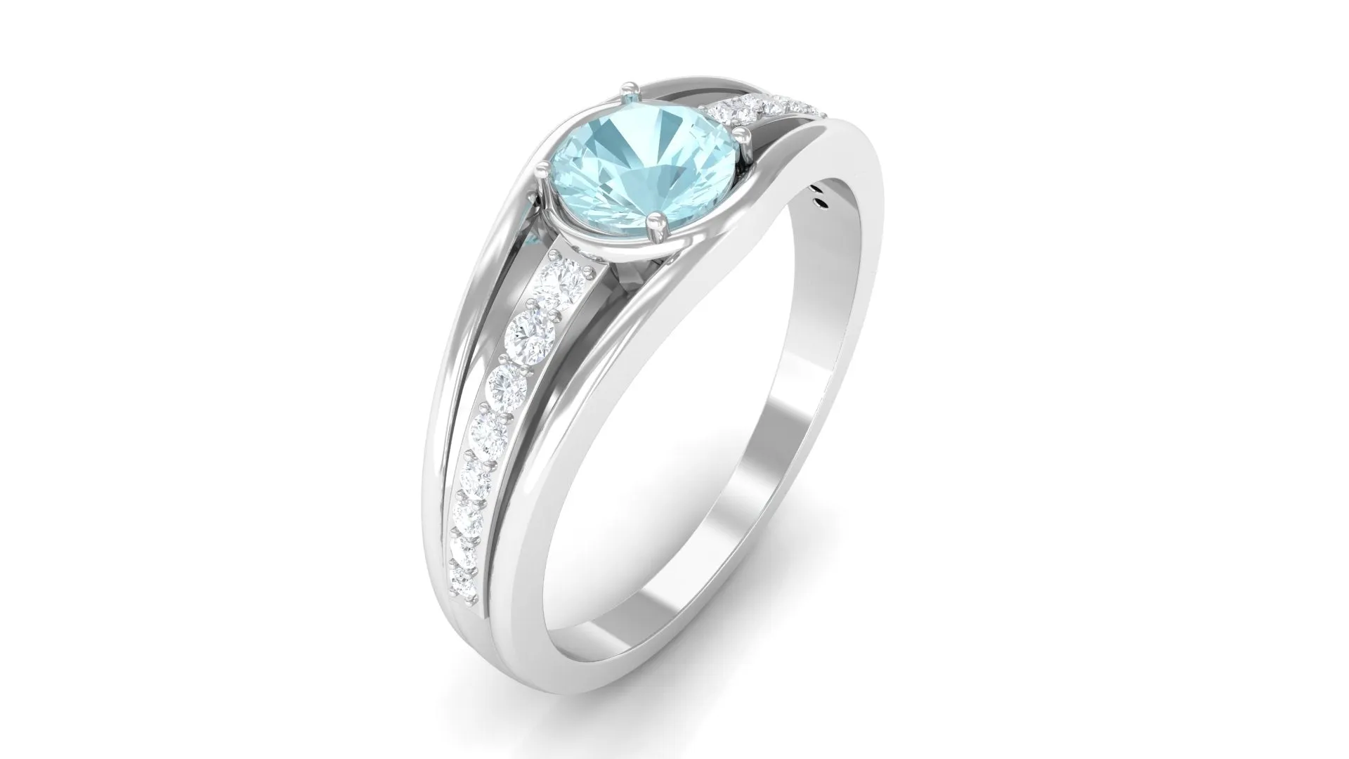 3/4 CT Round Shape Sky Blue Topaz Solitaire Ring with Diamond Side Stones