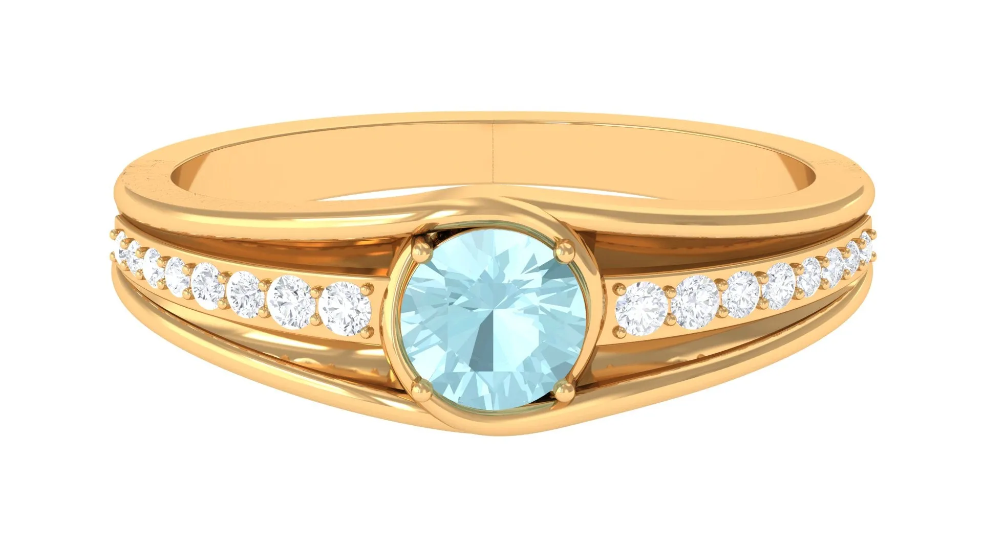 3/4 CT Round Shape Sky Blue Topaz Solitaire Ring with Diamond Side Stones