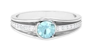 3/4 CT Round Shape Sky Blue Topaz Solitaire Ring with Diamond Side Stones