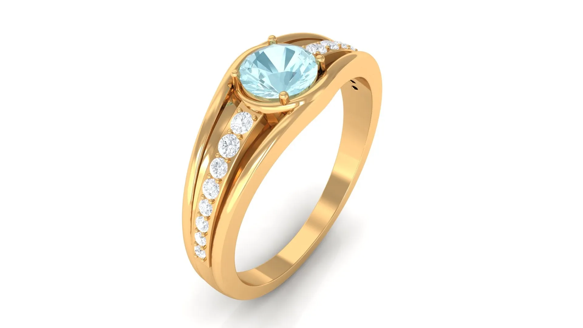 3/4 CT Round Shape Sky Blue Topaz Solitaire Ring with Diamond Side Stones