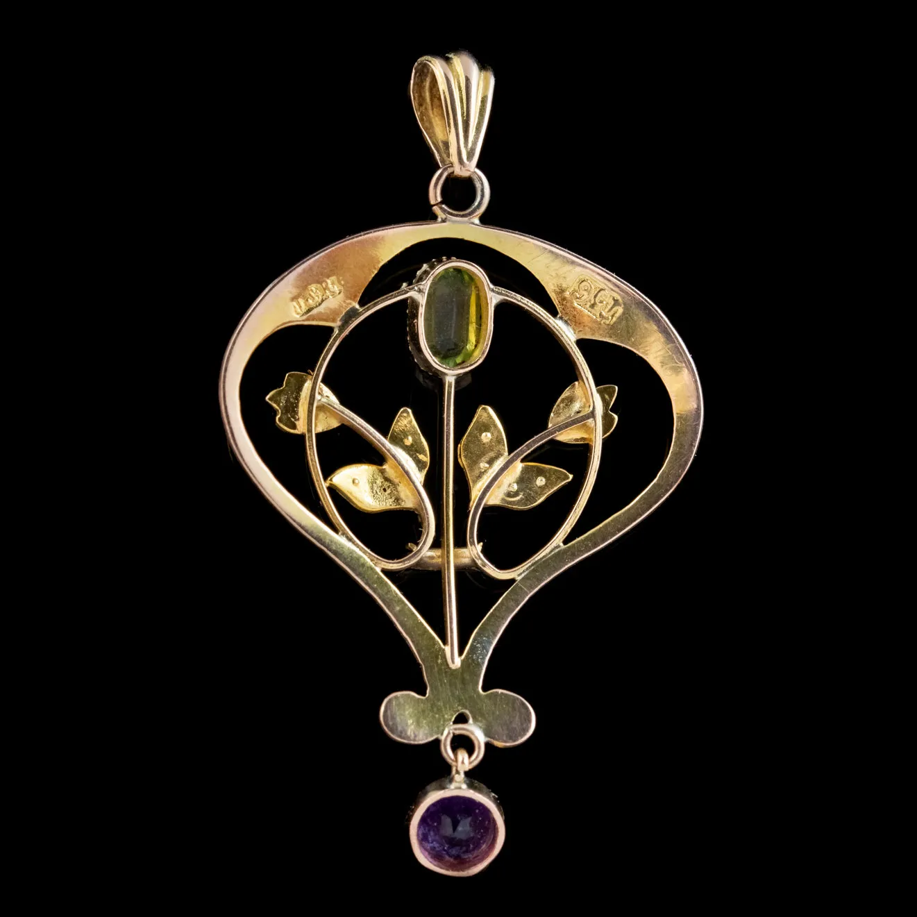 Antique Suffragette Floral Pendant 9ct Gold Amethyst Peridot Pearl Circa 1910