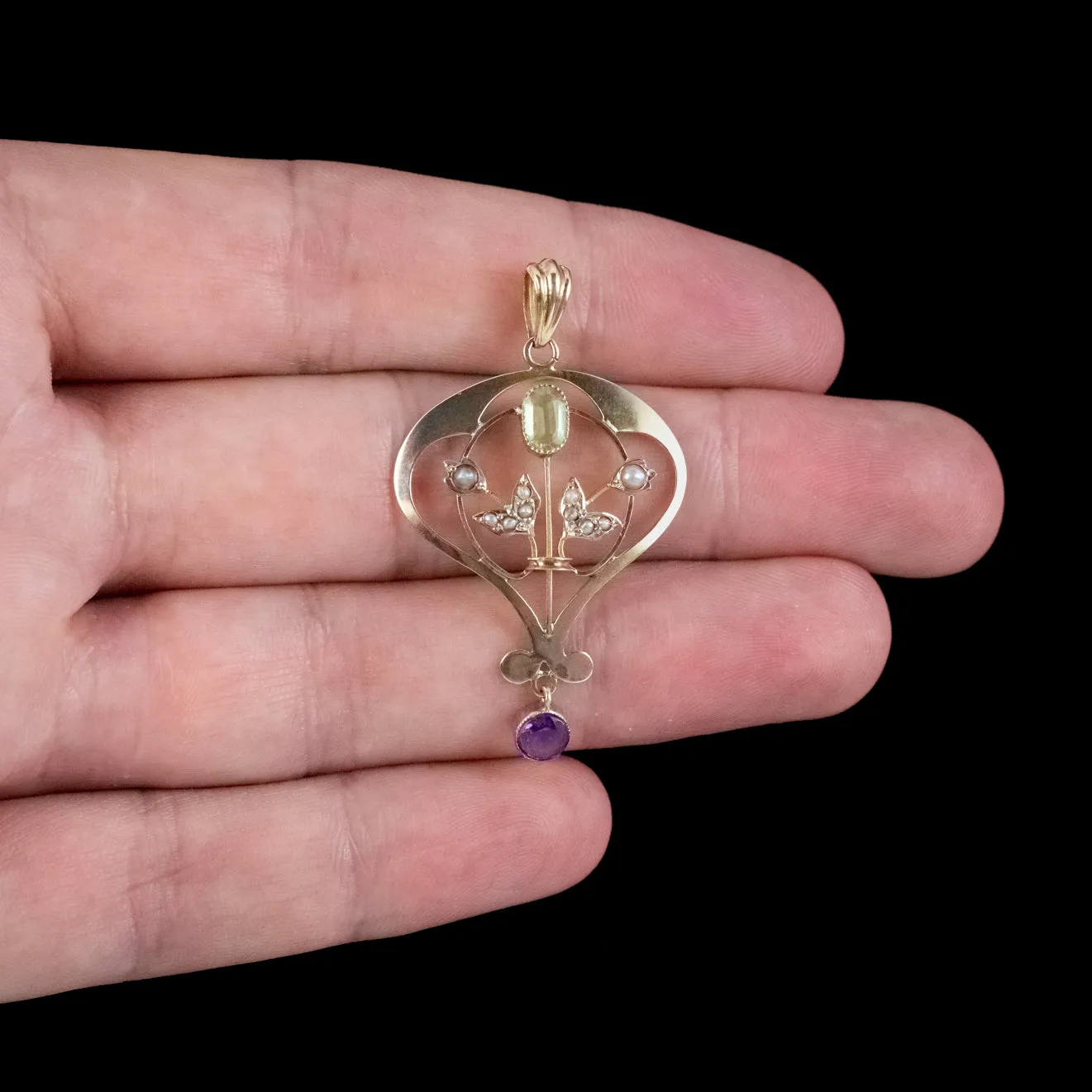 Antique Suffragette Floral Pendant 9ct Gold Amethyst Peridot Pearl Circa 1910