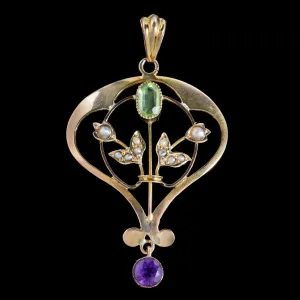 Antique Suffragette Floral Pendant 9ct Gold Amethyst Peridot Pearl Circa 1910