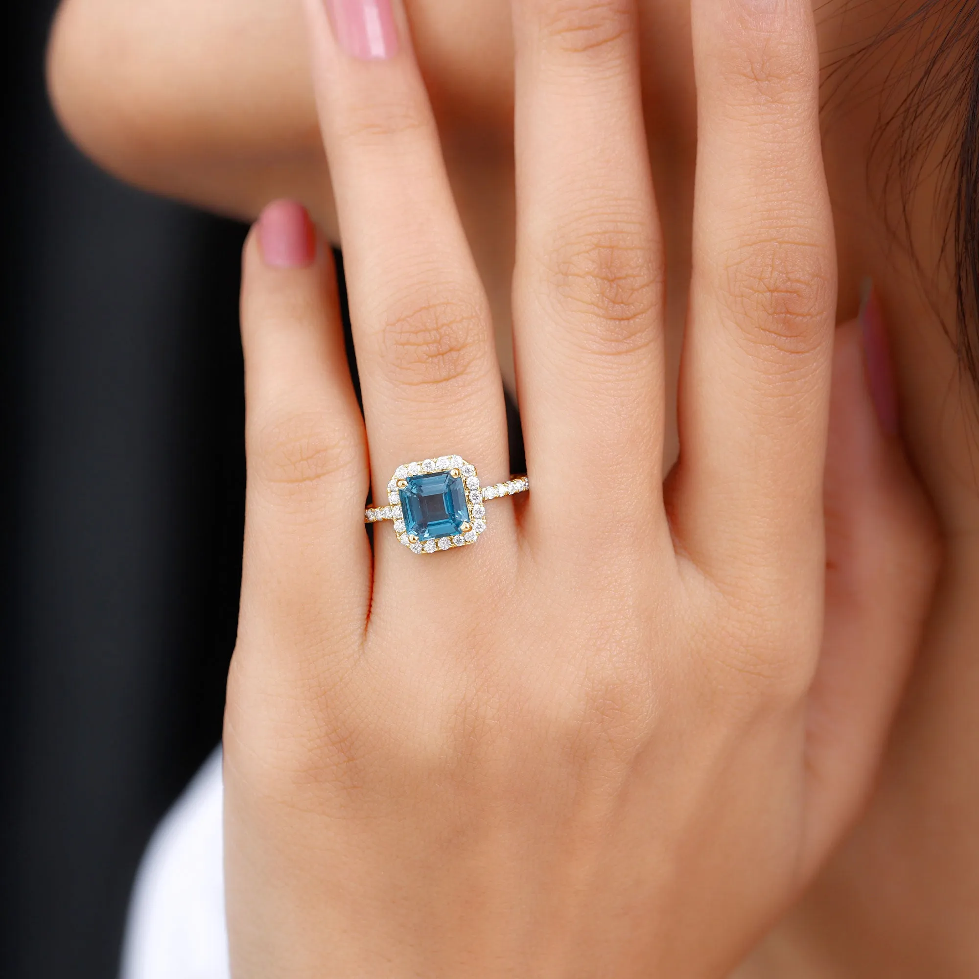 Asscher Cut London Blue Topaz Halo Engagement Ring with Diamond