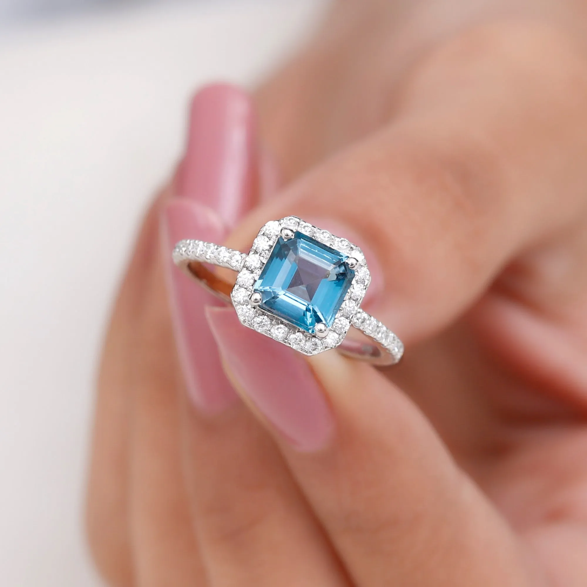 Asscher Cut London Blue Topaz Halo Engagement Ring with Diamond