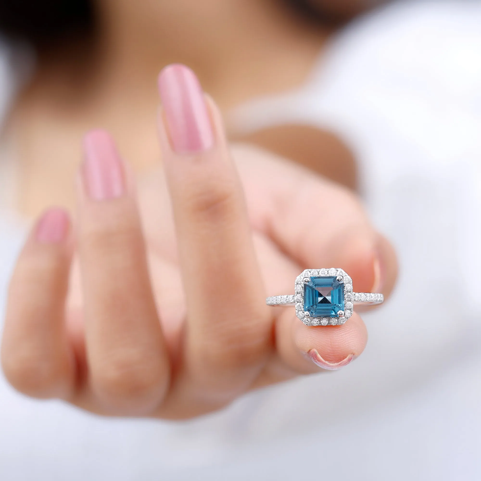 Asscher Cut London Blue Topaz Halo Engagement Ring with Diamond