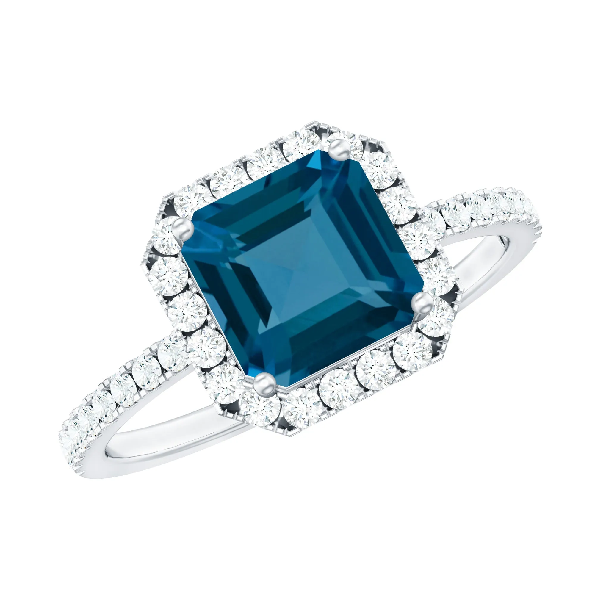 Asscher Cut London Blue Topaz Halo Engagement Ring with Diamond