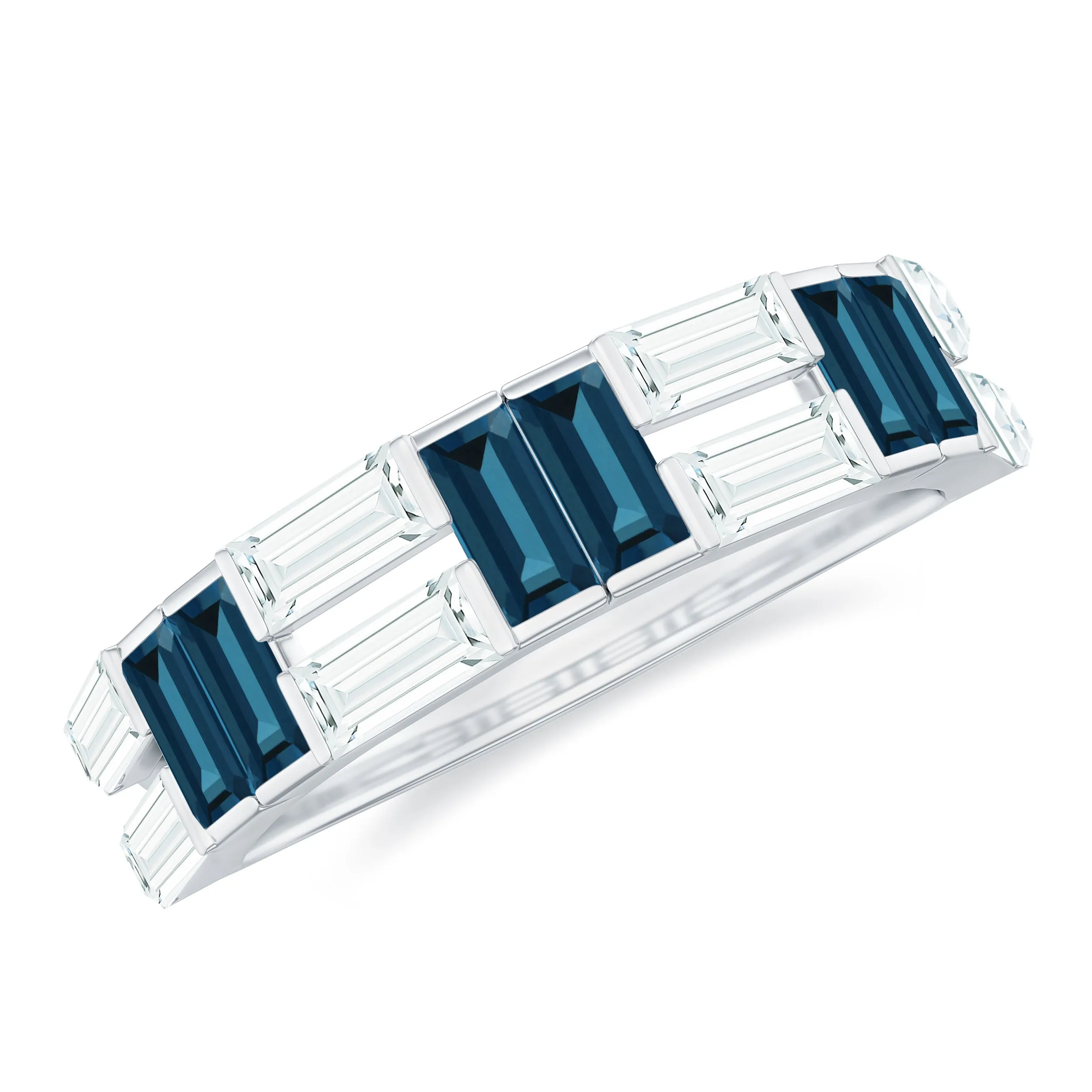 Baguette Shape London Blue Topaz and Moissanite Half Eternity Ring