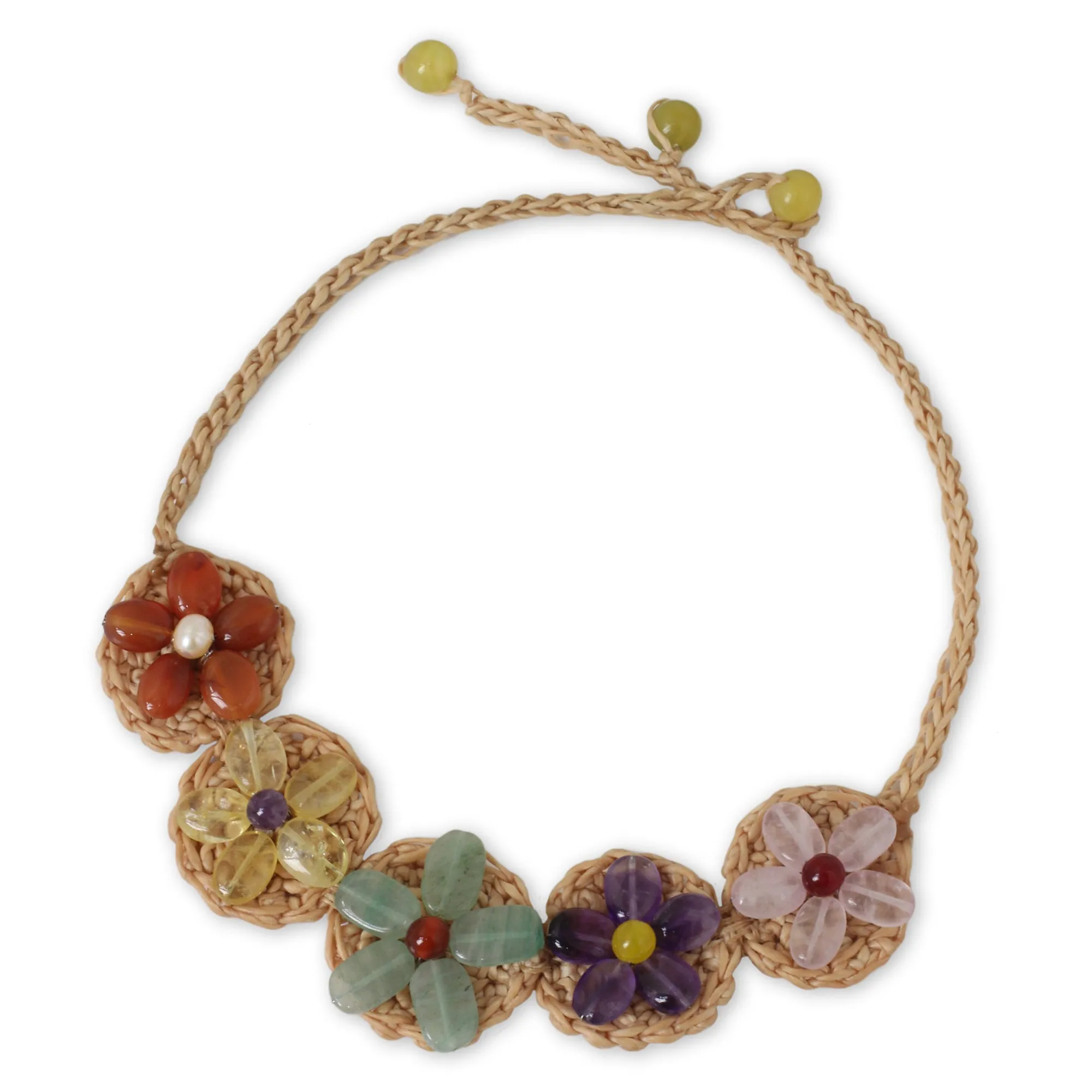 Blossoming Rhyme Multi Gemstone Flowers on Beige Hand Crocheted Necklace