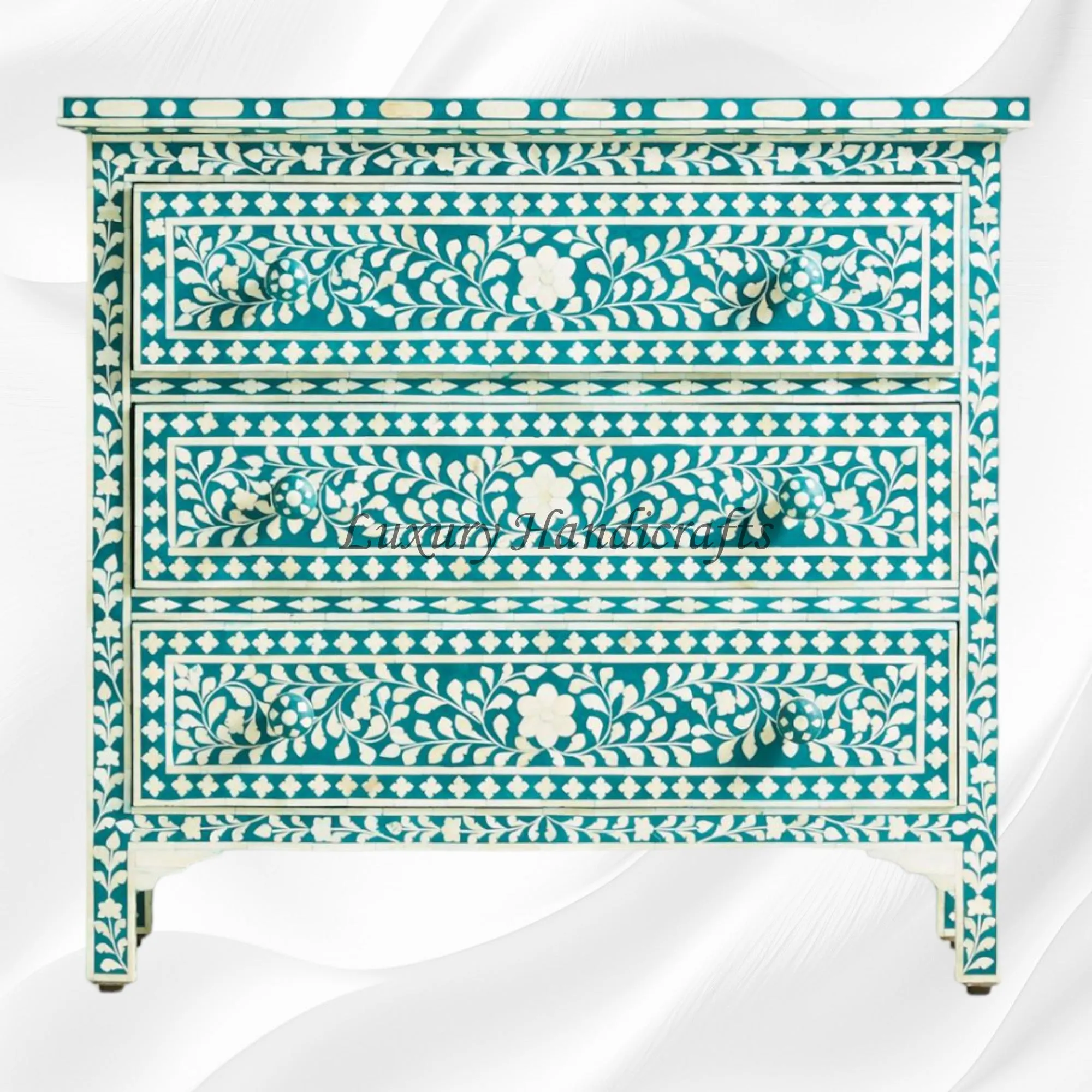 Bone Inlay Floral 3 Drawer Chest Teal Green