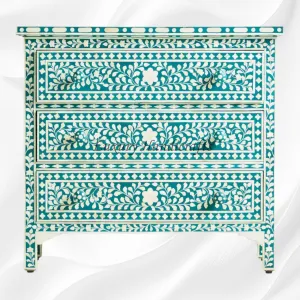 Bone Inlay Floral 3 Drawer Chest Teal Green