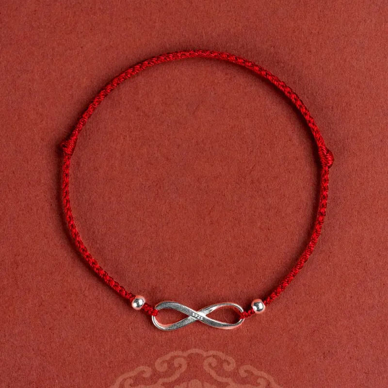 Buddha Stones 925 Sterling Silver Endless Knot Protection Luck Red String Bracelet Anklet