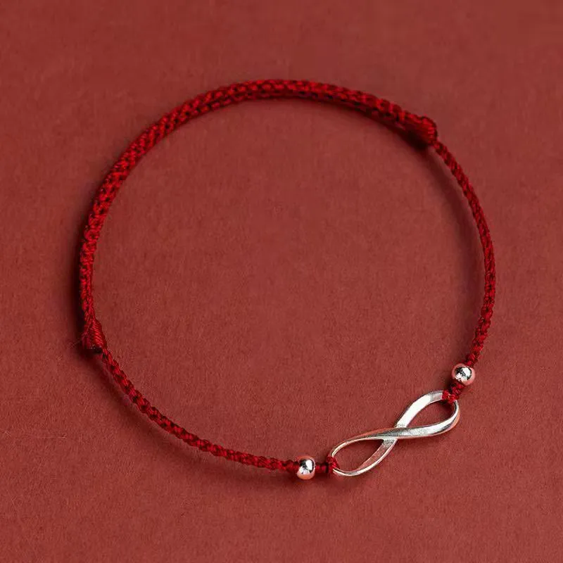 Buddha Stones 925 Sterling Silver Endless Knot Protection Luck Red String Bracelet Anklet