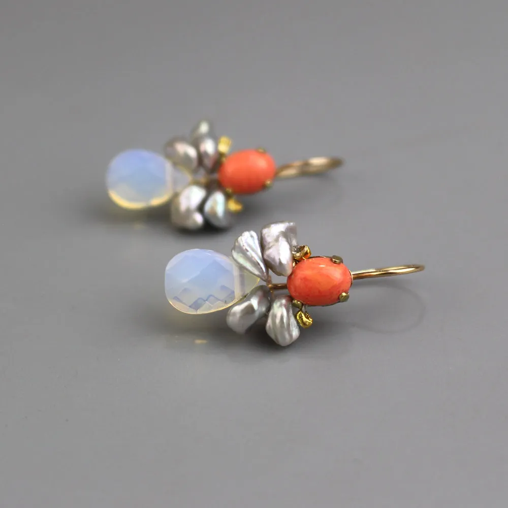 Coral Keshi Pearl Bee Earrings