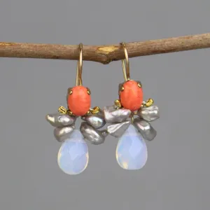 Coral Keshi Pearl Bee Earrings