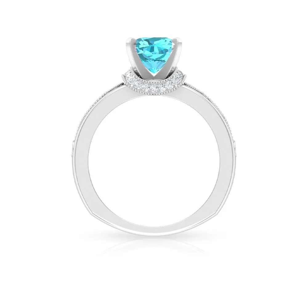 Cushion Cut Swiss Blue Topaz Solitaire Ring with Diamond Accents and Milgrain Details