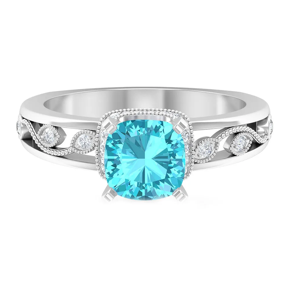 Cushion Cut Swiss Blue Topaz Solitaire Ring with Diamond Accents and Milgrain Details