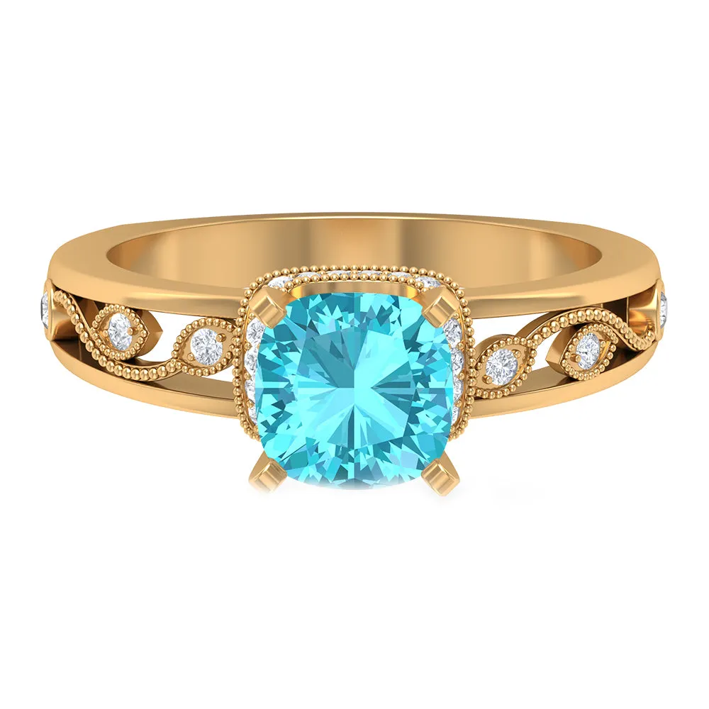 Cushion Cut Swiss Blue Topaz Solitaire Ring with Diamond Accents and Milgrain Details