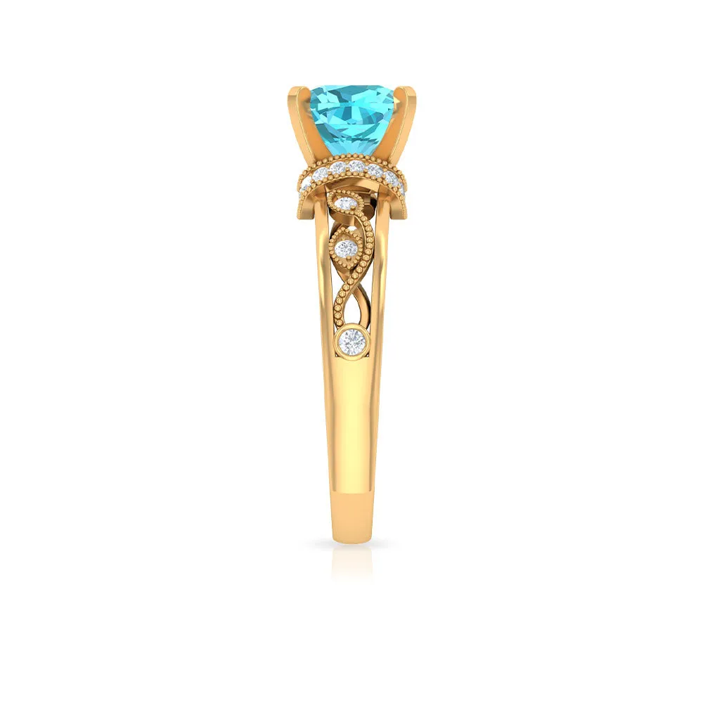 Cushion Cut Swiss Blue Topaz Solitaire Ring with Diamond Accents and Milgrain Details