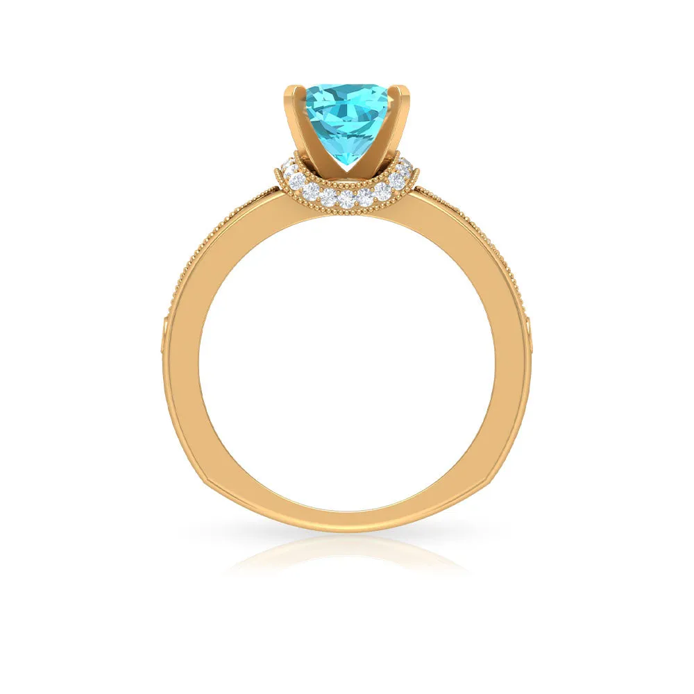 Cushion Cut Swiss Blue Topaz Solitaire Ring with Diamond Accents and Milgrain Details