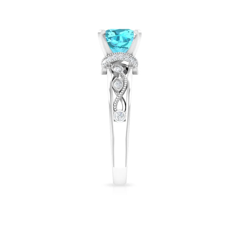 Cushion Cut Swiss Blue Topaz Solitaire Ring with Diamond Accents and Milgrain Details