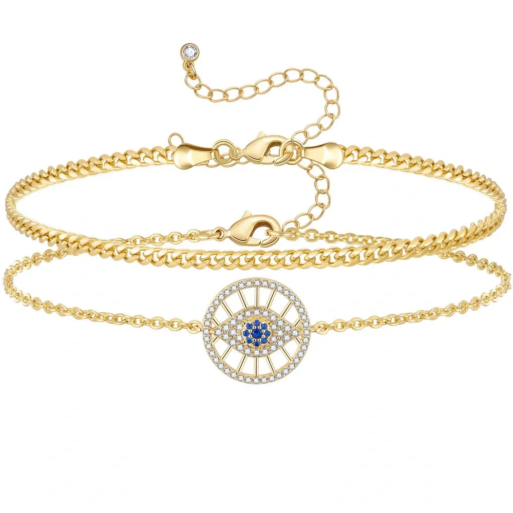 Dainty 14k Gold Plated Layering Evil Eye Anklets Set- Round Eyes 3mm Cuban