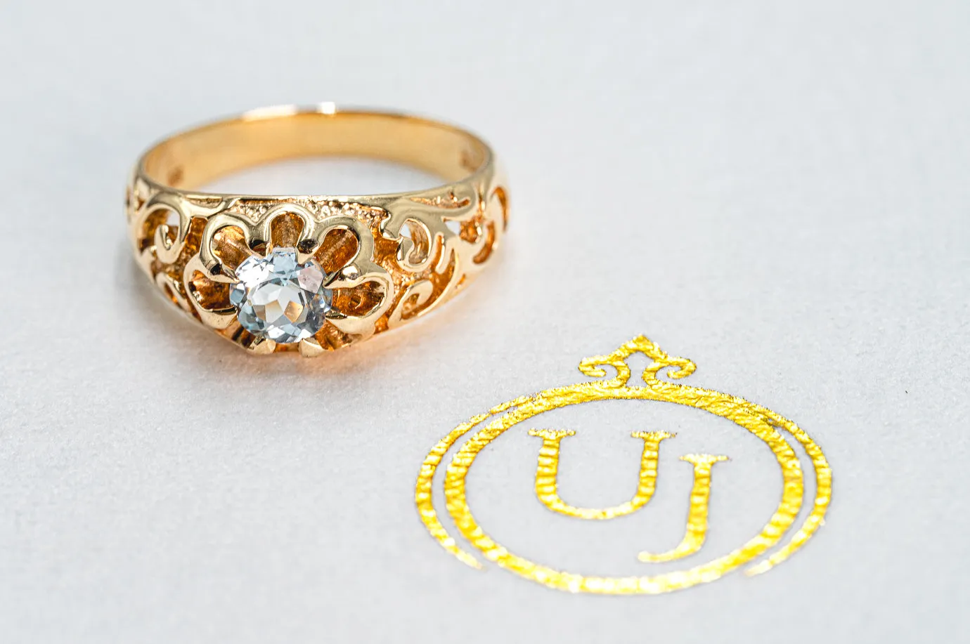 Elegant Yellow Gold and Light Blue Topaz Ring Golden Treasure