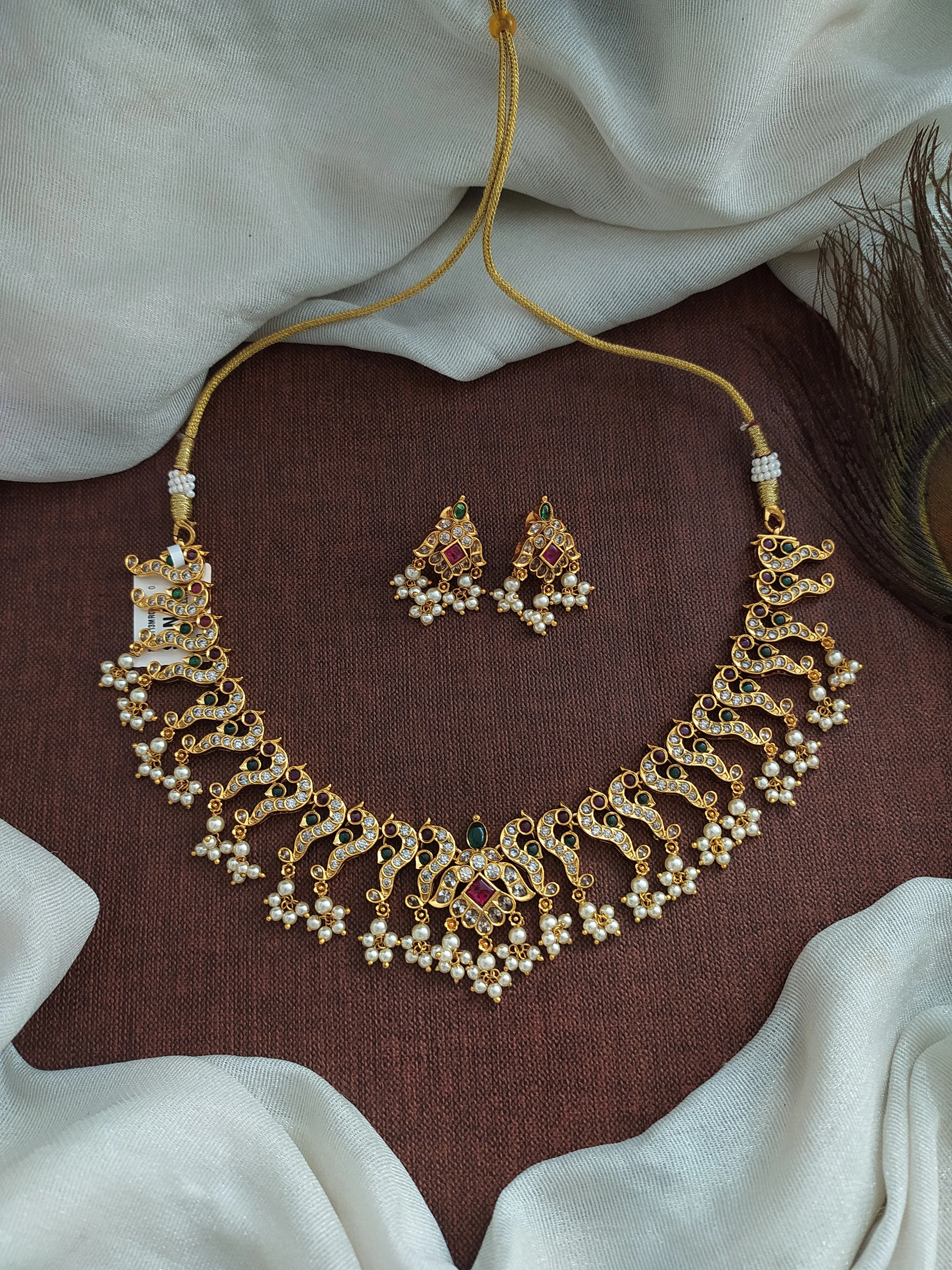 Enchanting Majesty Peacock Design Kemp Stone Antique Necklace Set with Pearls