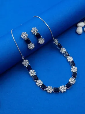 Exquisite Blue Flower Motif CZ Sleek Necklace Set