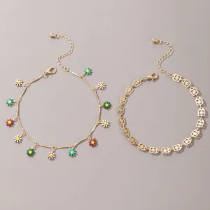 Fashion Anklet Creative Retro Hollow Color Dripping Flower Anklet 2-piece Beach Style Jewelry