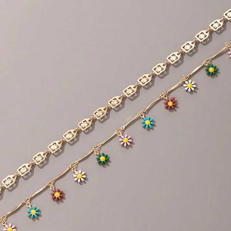 Fashion Anklet Creative Retro Hollow Color Dripping Flower Anklet 2-piece Beach Style Jewelry