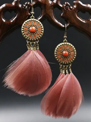 Fashion Round Alloy Feather Tassel Earrings