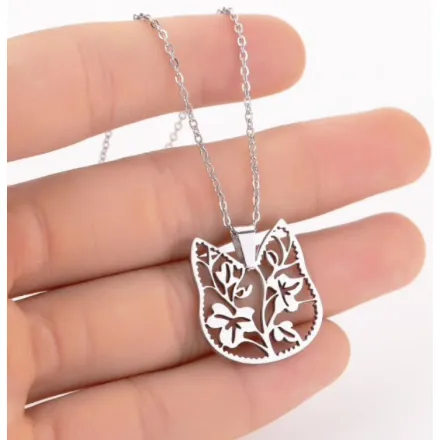 Floral Cat Face Stainless Steel Necklace